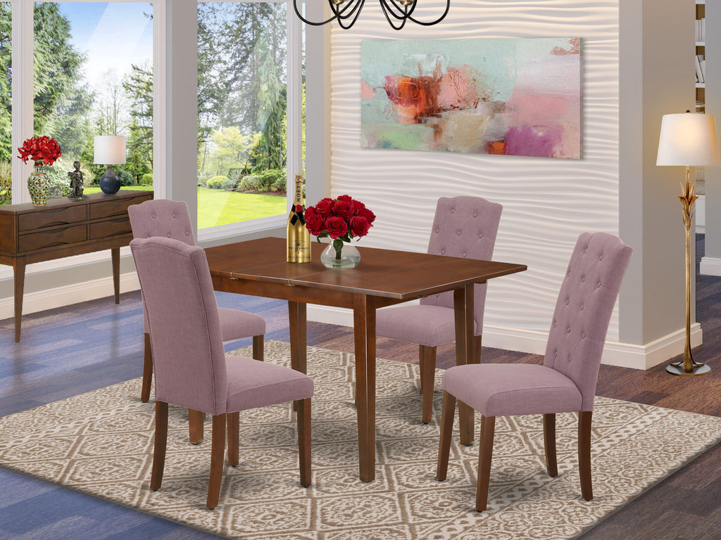 PSCE5-YA0-K9 5-Piece Dining Set with Expanding Table and 4 Fabric Seating in Rich Wood Finish, 32x60 Inch