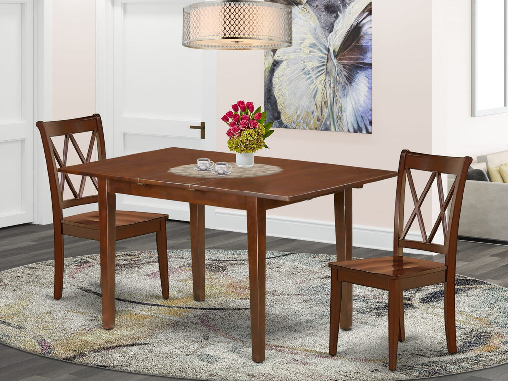 PSCL3-TNY-1 3 Piece Rectangular Dining Set Wooden Table with Butterfly Leaf & 2 Chairs, 32x60 Mahogany