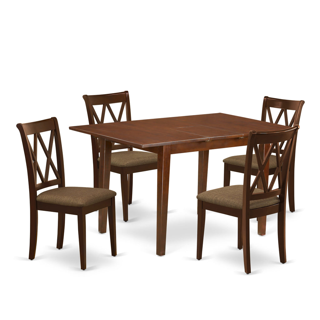 PSCL5-55Z-V 5 Piece Dining Collection with Rectangular Table & Butterfly Leaf, 4 Upholstered Chairs in Rich Wood Finish
