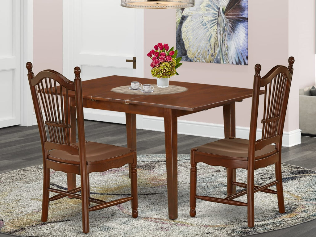 PSDO3-53G-S Stylish 3-Piece Dining Nook Set Rectangular Butterfly-Leaf Table & Solid Wood Chairs for Cozy Spaces, Mahogany Finish