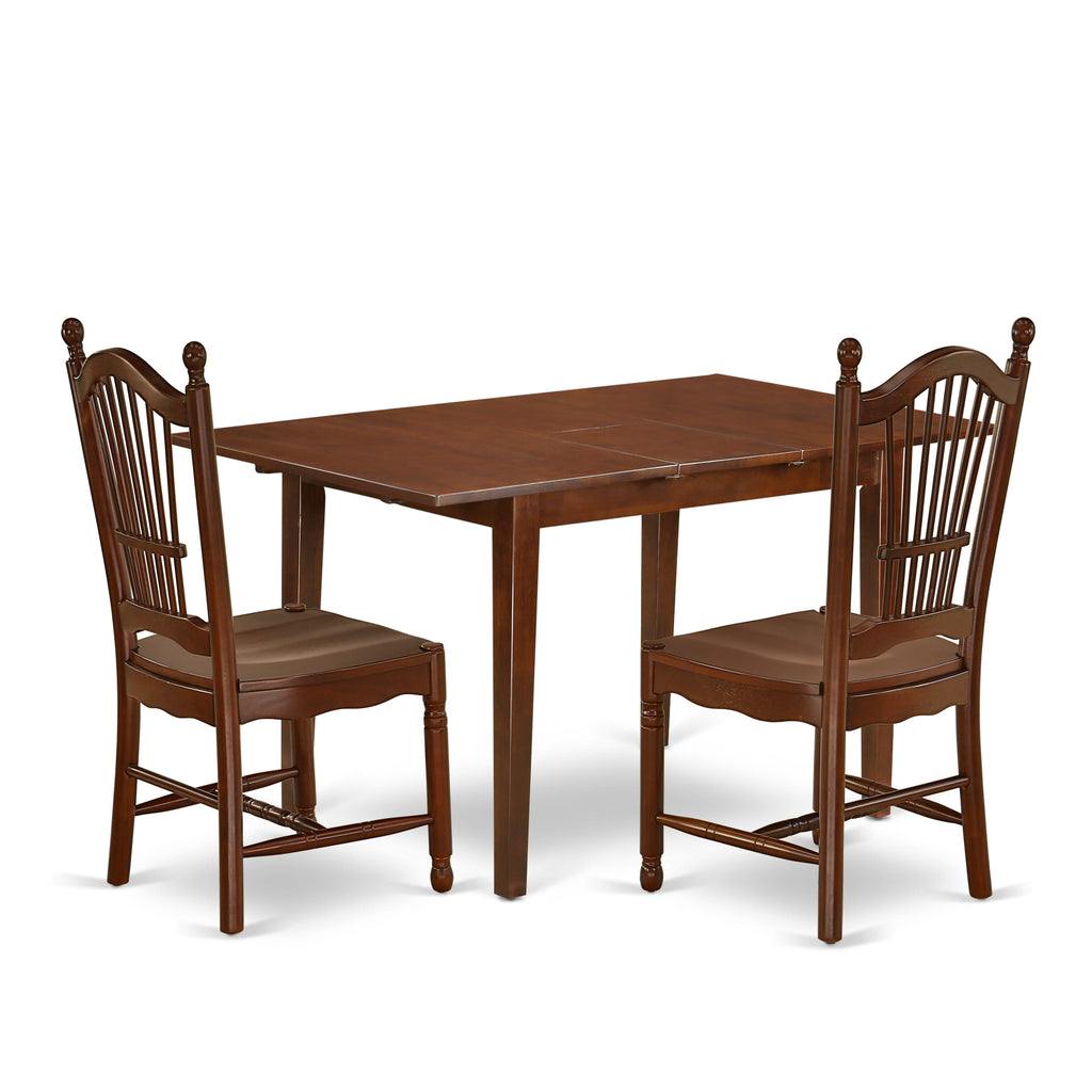 PSDO3-53G-S Stylish 3-Piece Dining Nook Set Rectangular Butterfly-Leaf Table & Solid Wood Chairs for Cozy Spaces, Mahogany Finish