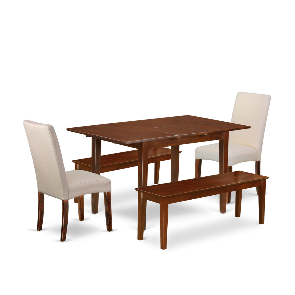 PSDR5O-G4X-S9 5-Piece Dining Ensemble Mahogany Butterfly Leaf Table, Parson Seats & Benches