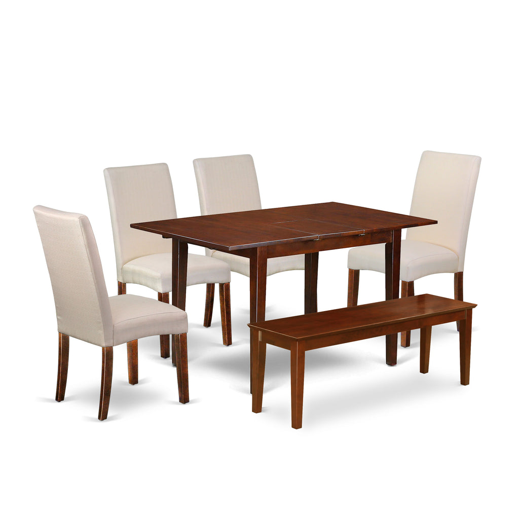 Dining Set PSDR6Z-9L2-1A Rectangular Table with Leaf, 4 Cream Chairs & Bench, 32x60, Mahogany Touch