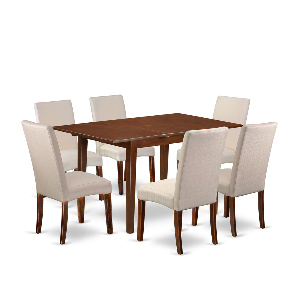 PSDR7-75E-4D 7-Piece Dining Collection Rectangular Wooden Extension Table with 6 Cream Linen Upholstered Parsons Chairs, 32x60 Elegant Setting
