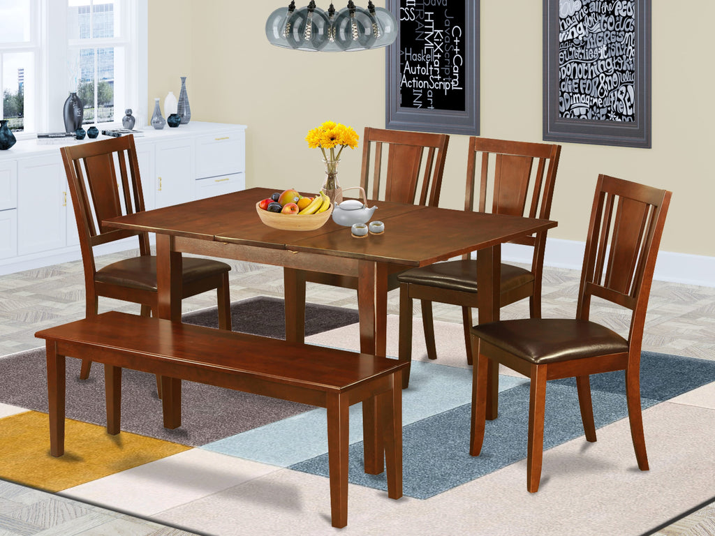Elegant PSDU6E-PF0-B0 Ensemble 6-Piece Dining Room Set Featuring Rectangular Table, 4 Upholstered Chairs & Bench with Leaf in Rich Mahogany