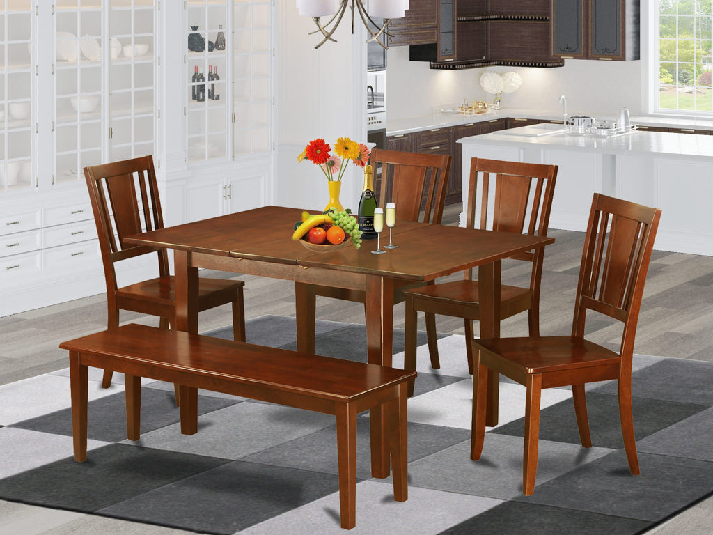 PSDU6T-GMC-B 6-Piece Rectangular Dining Set with Expandable Table, 4 Chairs, and Bench, Mahogany Finish