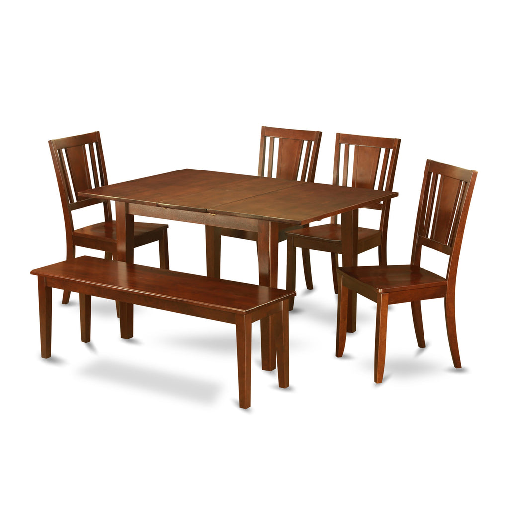 PSDU6T-GMC-B 6-Piece Rectangular Dining Set with Expandable Table, 4 Chairs, and Bench, Mahogany Finish