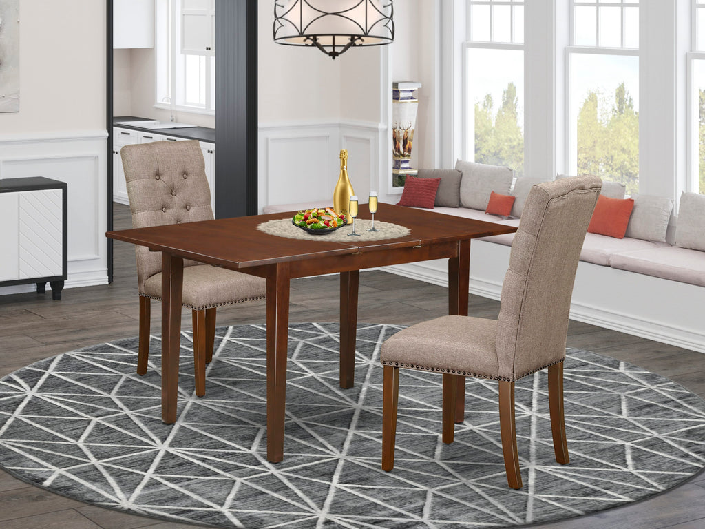 PSEL3-RCN-ZO 3-Piece Dining Ensemble with Rectangle Table and Butterfly Feature, plus 2 Fabric Chairs in Mahogany