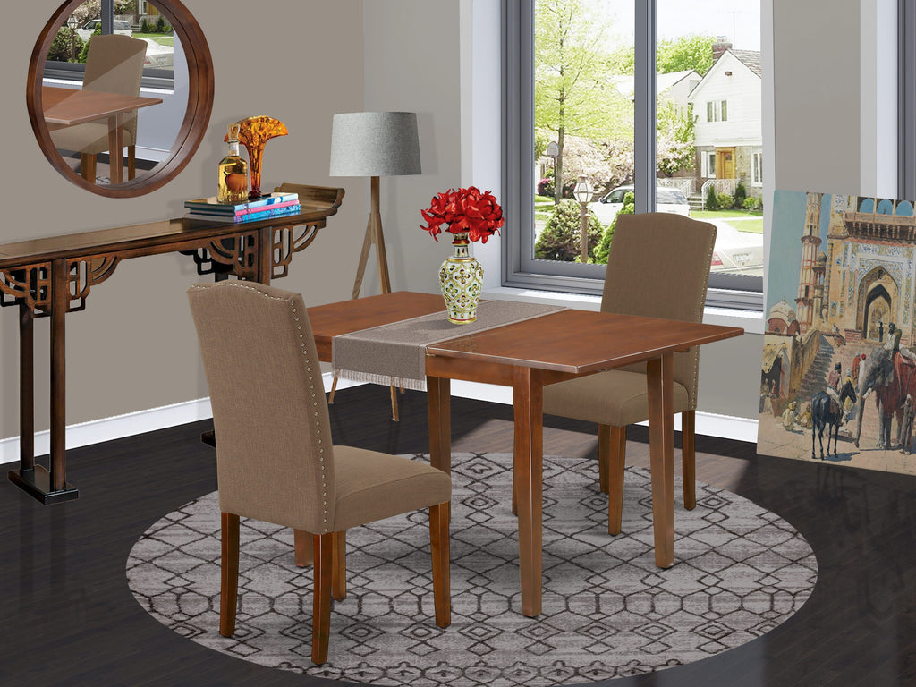 PSEN3-M0Z-IK 3-Piece Ensemble Rectangular Table with Extending Butterfly Leaf & Pair of Upholstered Seats in Rich Coffee Fabric