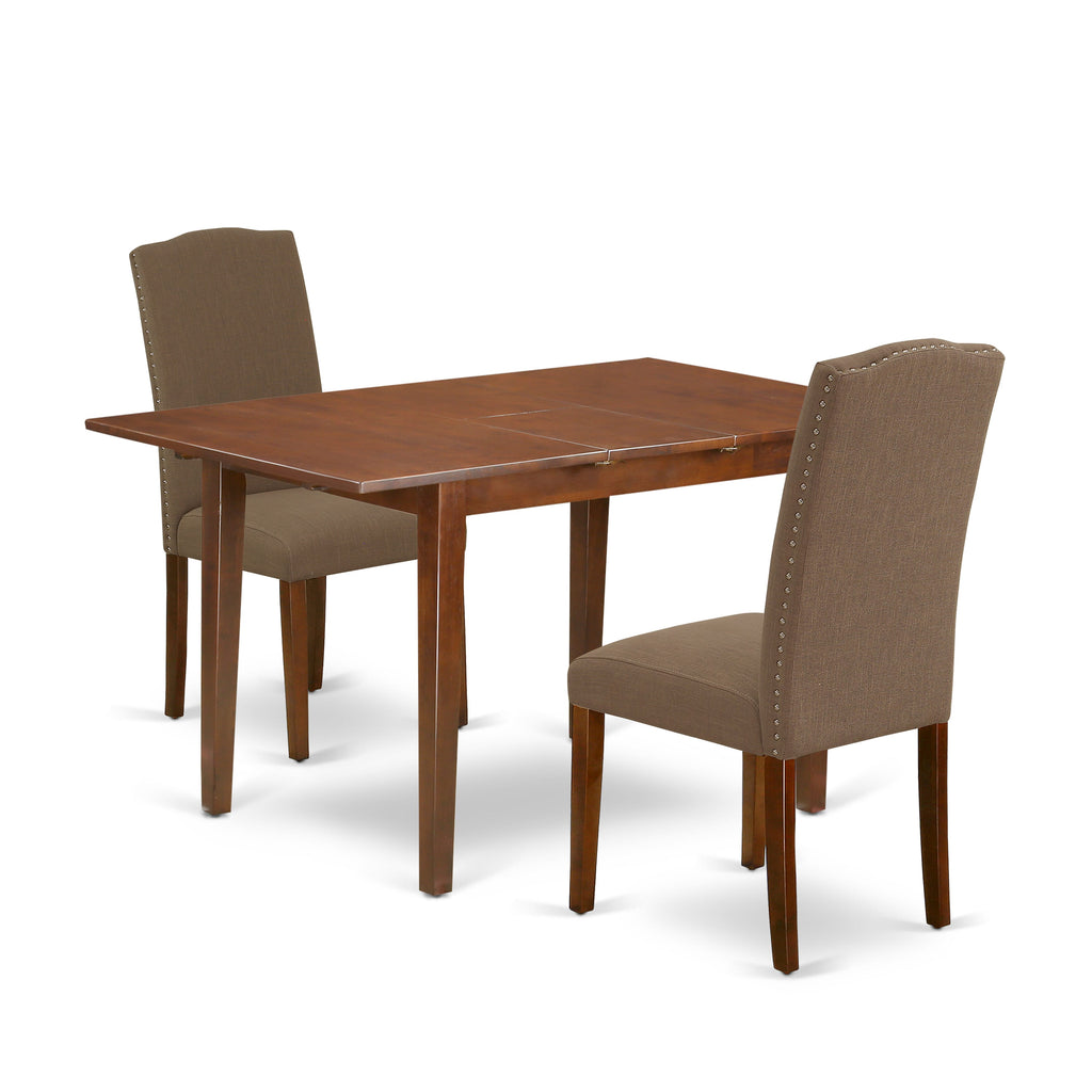 PSEN3-M0Z-IK 3-Piece Ensemble Rectangular Table with Extending Butterfly Leaf & Pair of Upholstered Seats in Rich Coffee Fabric