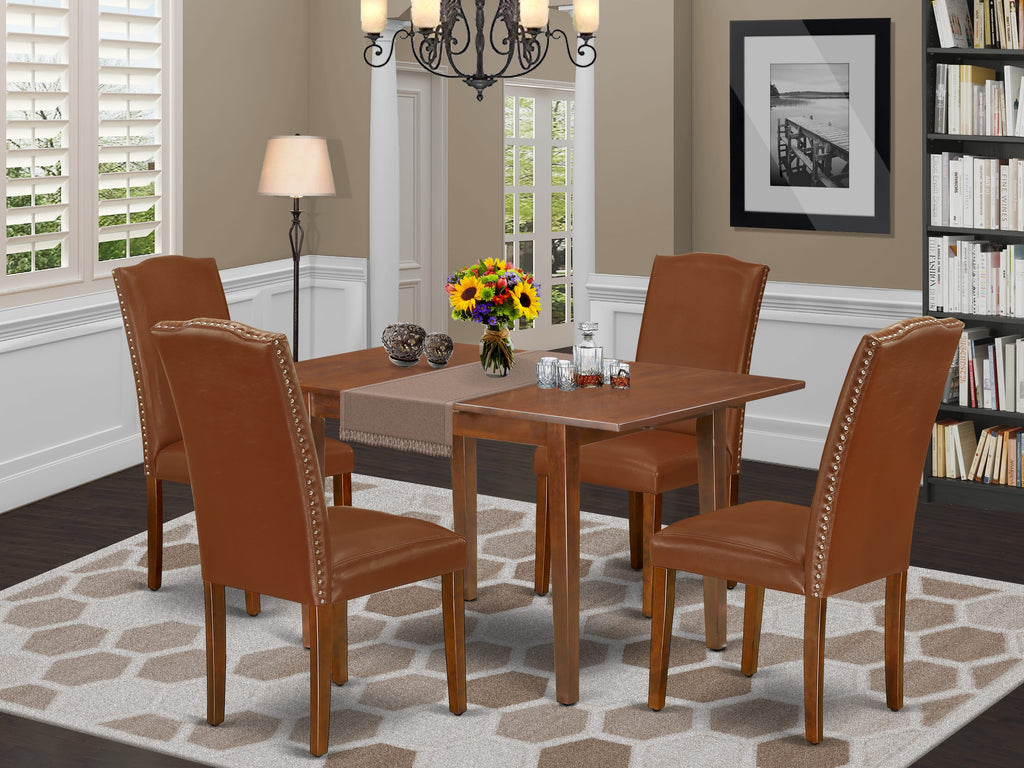 PSEN5-RW2-RS 5-Piece Dining Set with Extending Table and Faux Leather Brown Chairs, Rich Mahogany Finish