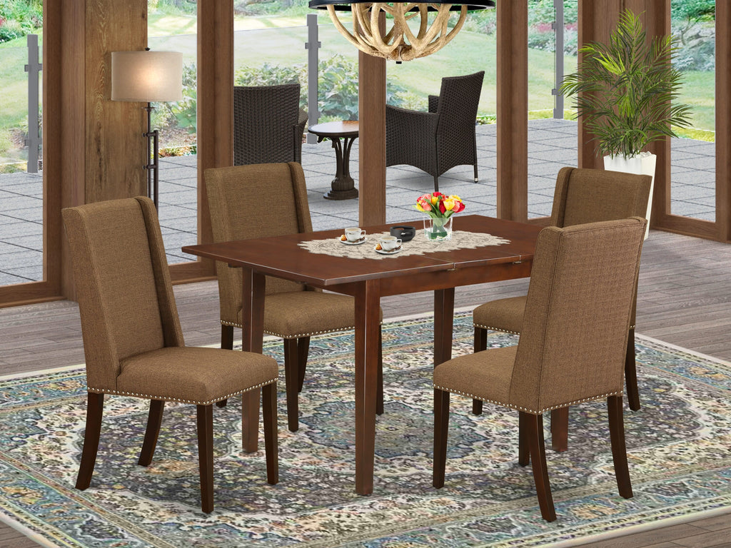 PSFL5-5XN-0Z 5-Piece Dining Ensemble Mahogany Rectangular Table & 4 Brown Parson Chairs with Linen Upholstery