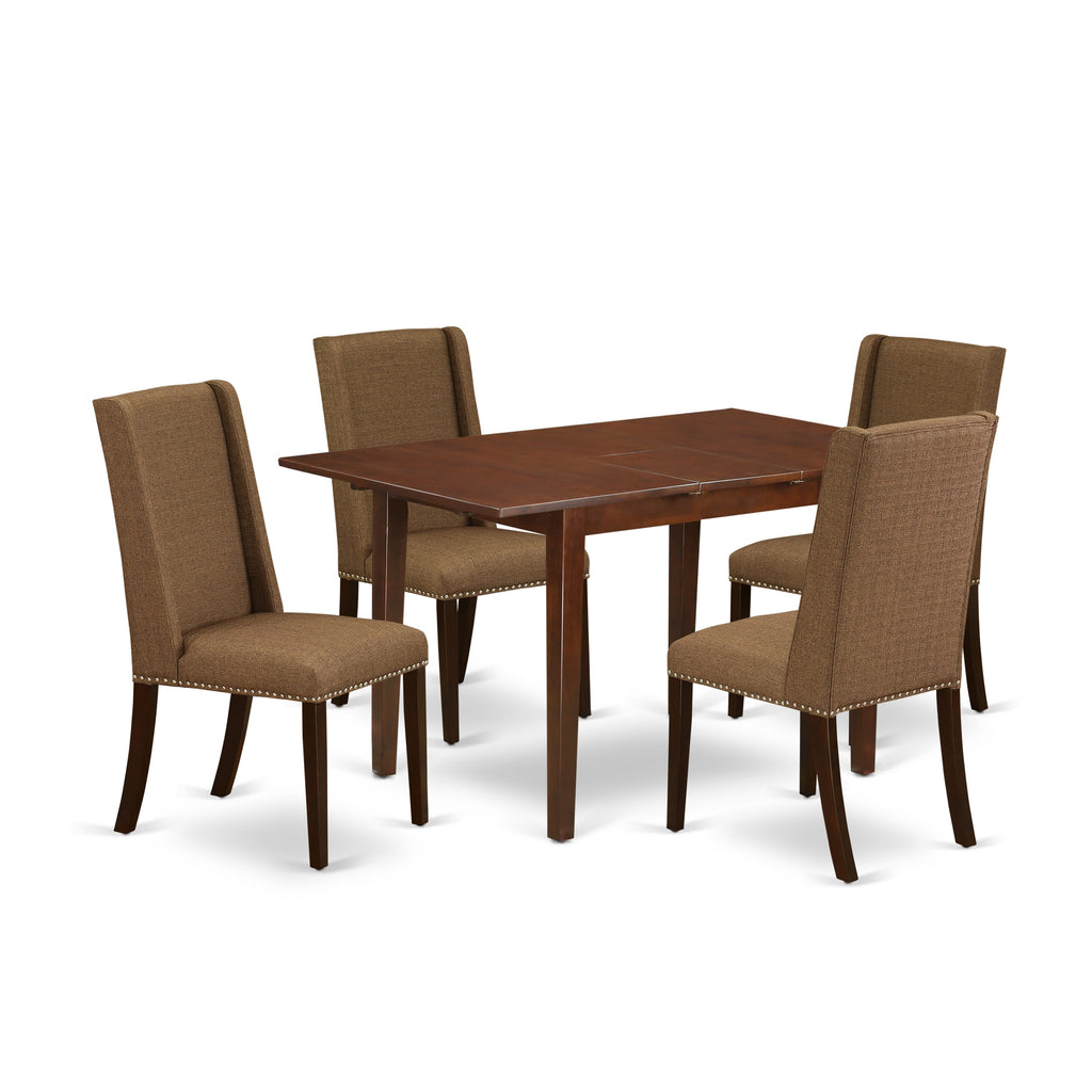 PSFL5-5XN-0Z 5-Piece Dining Ensemble Mahogany Rectangular Table & 4 Brown Parson Chairs with Linen Upholstery