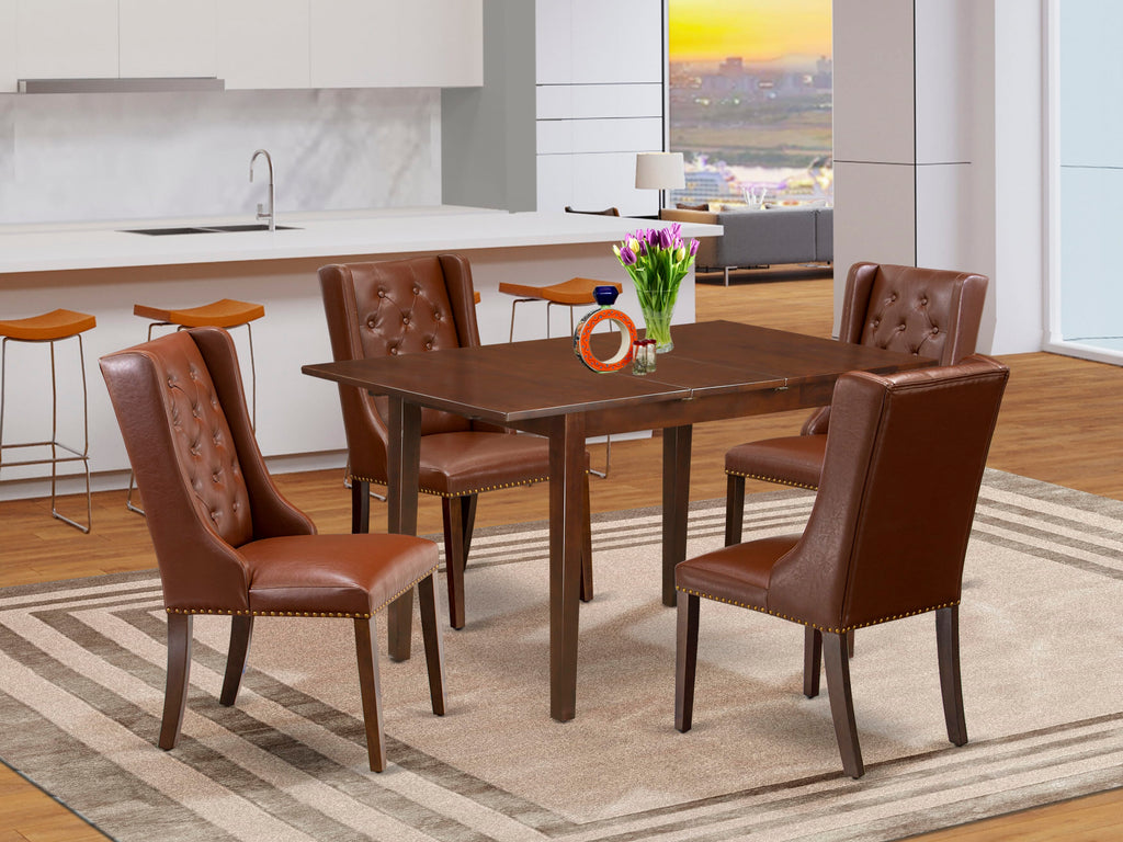 PSFO5-CQE-9F Elegant 5 Piece Dining Suite, Rectangular Table with Leaf and 4 Upholstered Chairs in Rich Brown