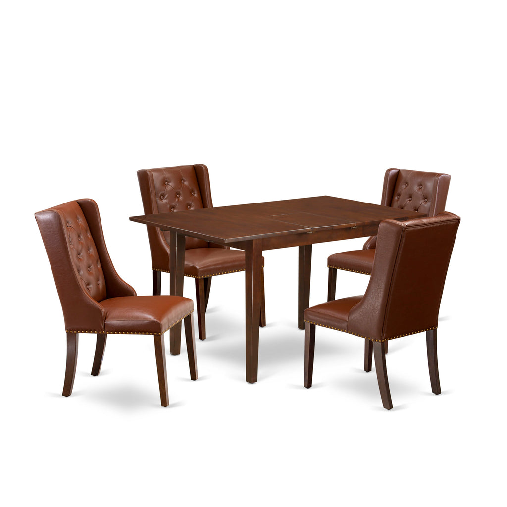 PSFO5-CQE-9F Elegant 5 Piece Dining Suite, Rectangular Table with Leaf and 4 Upholstered Chairs in Rich Brown