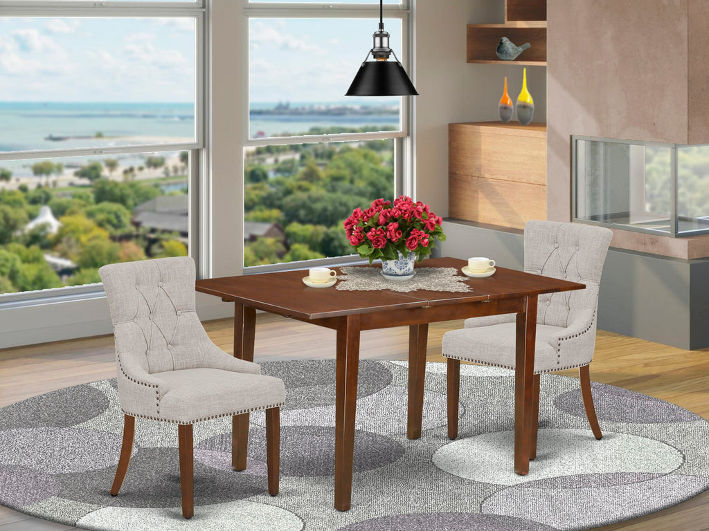 PSFR3-EA9-Y8 Elegant 3-Pc Dining Set Mahogany Table with Leaf & 2 Upholstered Chairs 32x60