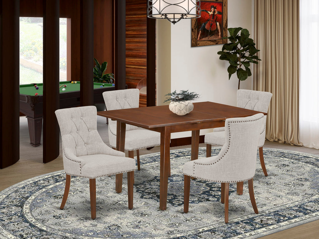 PSFR5-ONA-I9 5-Piece Dining Ensemble for Four, Featuring Rectangular Table with Expanding Leaf and 4 Elegant Linen Upholstered Chairs, 32x60