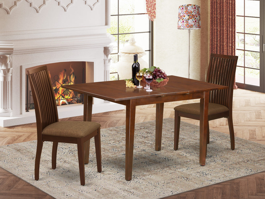 PSIP3-HQ3-S Dining Ensemble 3-Piece Set with Extendable Table & Linen Chairs, Mahogany Finish