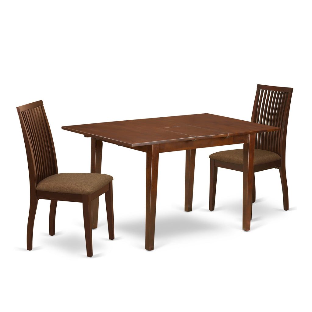 PSIP3-HQ3-S Dining Ensemble 3-Piece Set with Extendable Table & Linen Chairs, Mahogany Finish