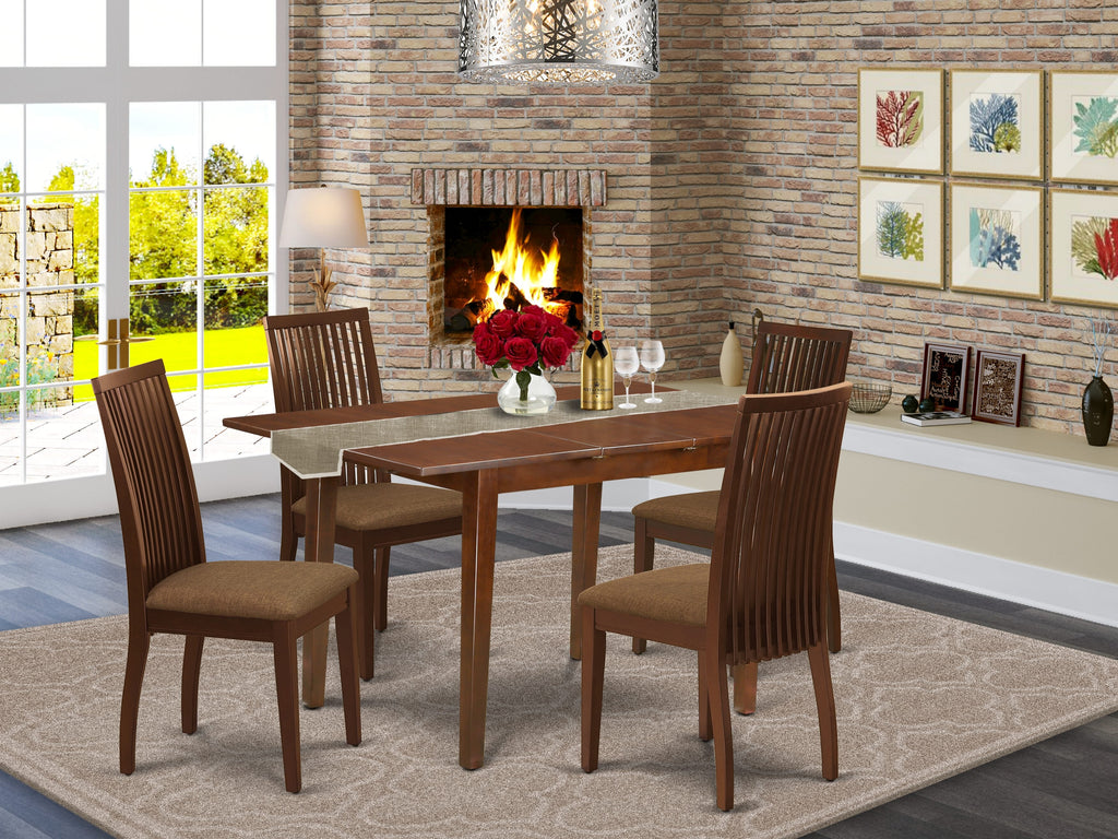 PSIP5-Q7J-U Elegant 5-Piece Dining Set with Extending Table & 4 Linen Seats, Classic Mahogany Finish