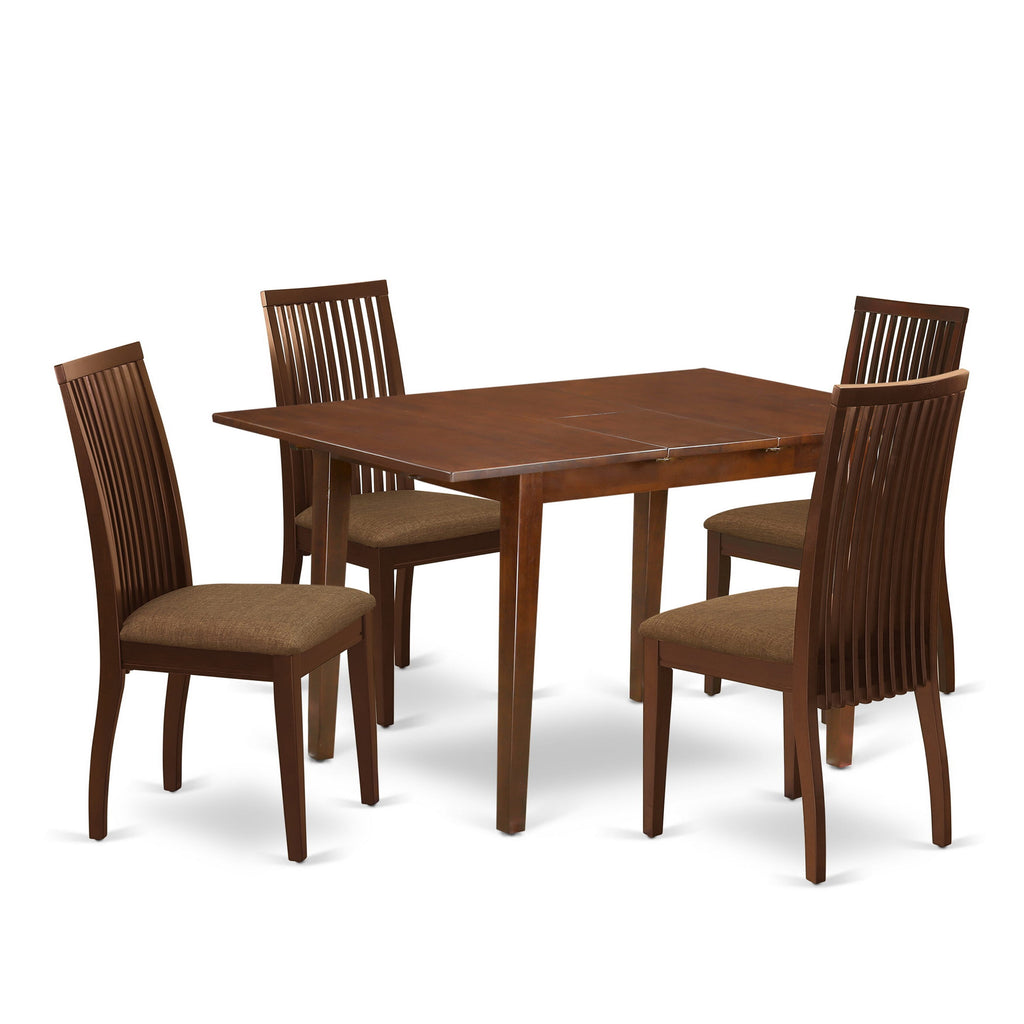 PSIP5-Q7J-U Elegant 5-Piece Dining Set with Extending Table & 4 Linen Seats, Classic Mahogany Finish