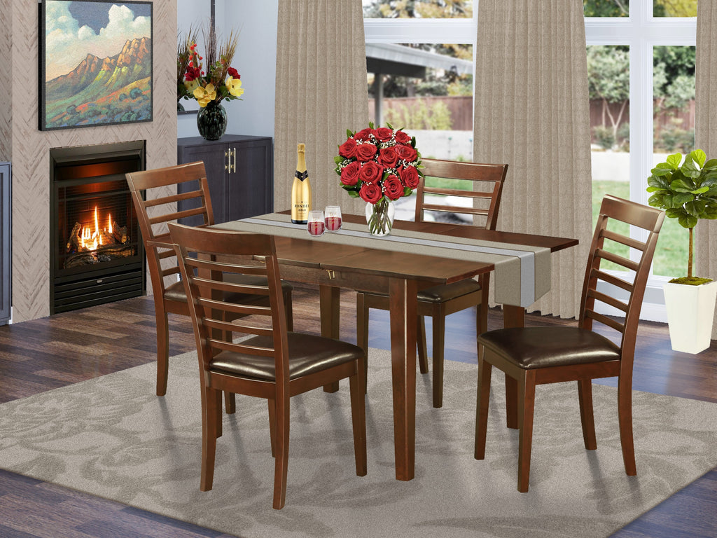 PSML5-GDM-H3 5-Piece Dining Collection for Four with Extendable Rectangle Table & Faux Leather Seating, Mahogany