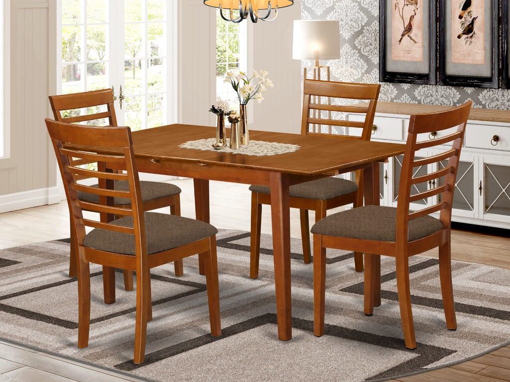 PSML5-UAR-O 
Contemporary Dining Ensemble Set of 5 with Expanding Wooden Table and Linen Seating, 32x60 Inch, Warm Saddle