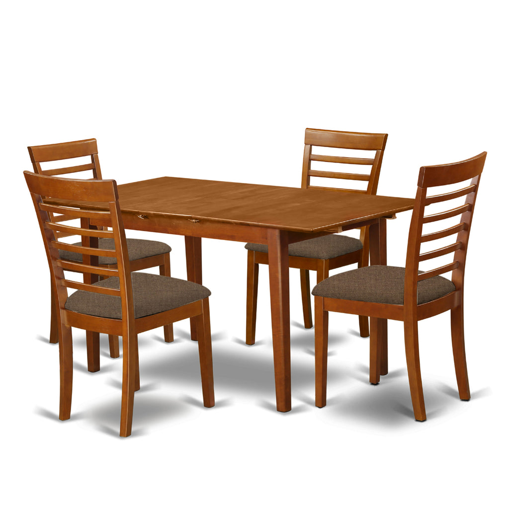 PSML5-UAR-O 
Contemporary Dining Ensemble Set of 5 with Expanding Wooden Table and Linen Seating, 32x60 Inch, Warm Saddle