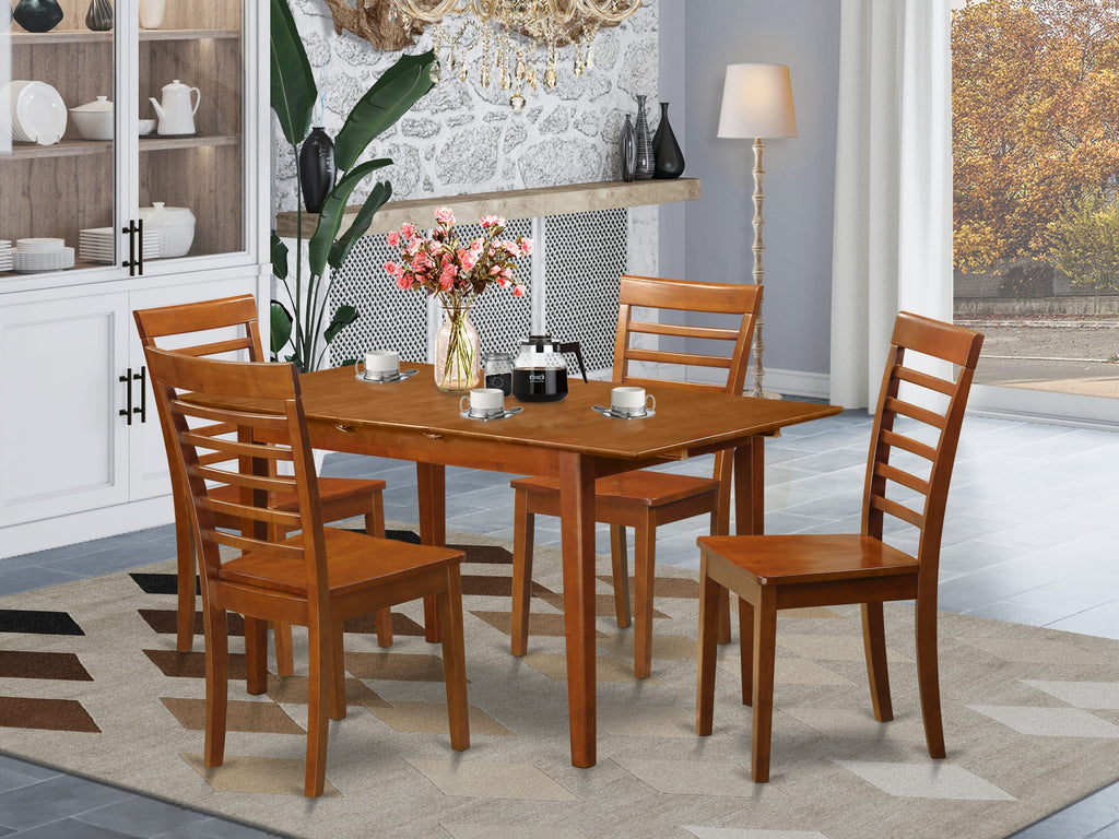 PSML5-T60-A 5 Piece Dining Ensemble with Expanding Table and 4 Chairs, 32x60 Inch, Warm Brown Finish