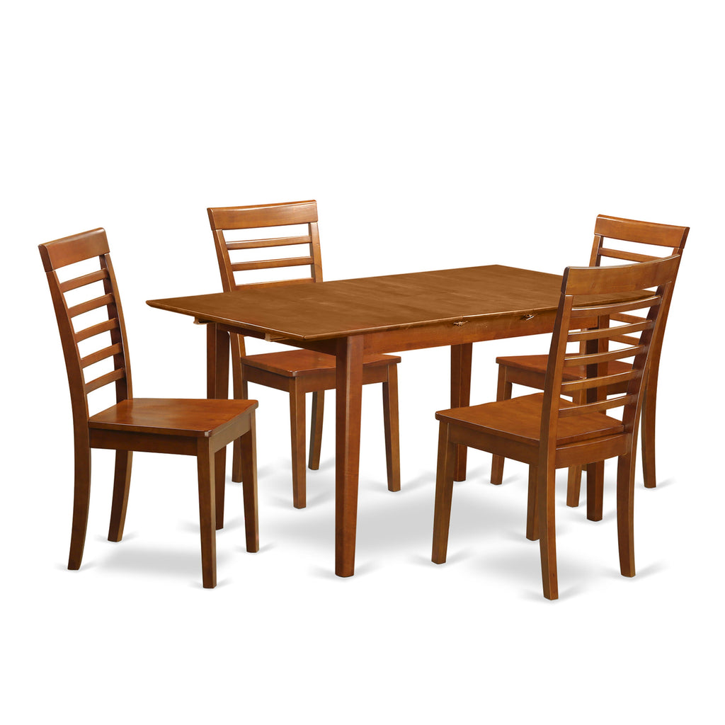 PSML5-T60-A 5 Piece Dining Ensemble with Expanding Table and 4 Chairs, 32x60 Inch, Warm Brown Finish