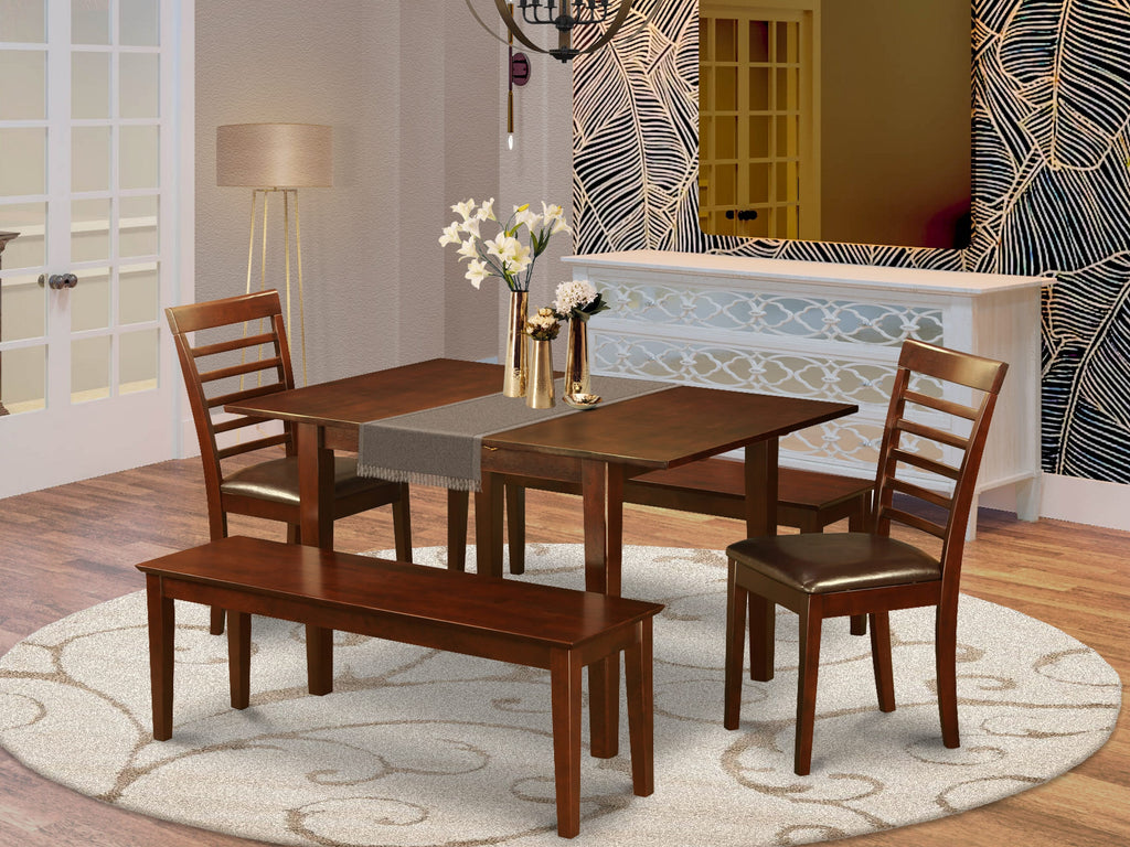 PSML5W-XMG-LV Delightful Dining Set Rectangular Table, Leaf Extension, Faux Leather Chairs & Benches, Mahogany Touch