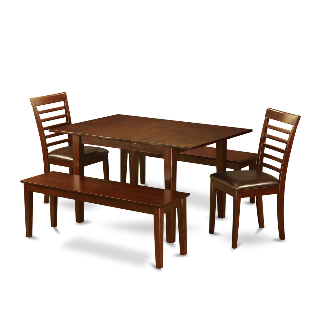 PSML5W-XMG-LV Delightful Dining Set Rectangular Table, Leaf Extension, Faux Leather Chairs & Benches, Mahogany Touch