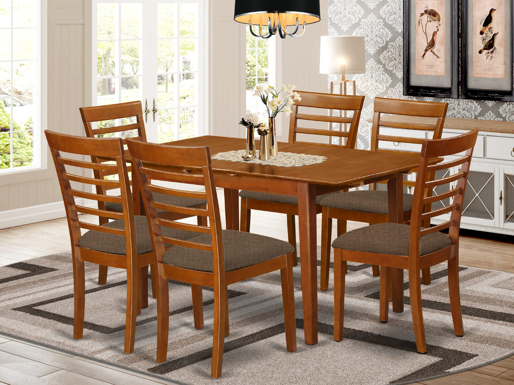 PSML7-K7A-B 7-Piece Modern Dining Ensemble with Wooden Expandable Table & 6 Linen-Seat Chairs, 32x60 Saddle Brown
