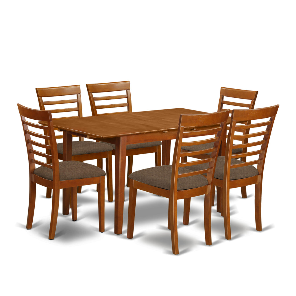 PSML7-K7A-B 7-Piece Modern Dining Ensemble with Wooden Expandable Table & 6 Linen-Seat Chairs, 32x60 Saddle Brown