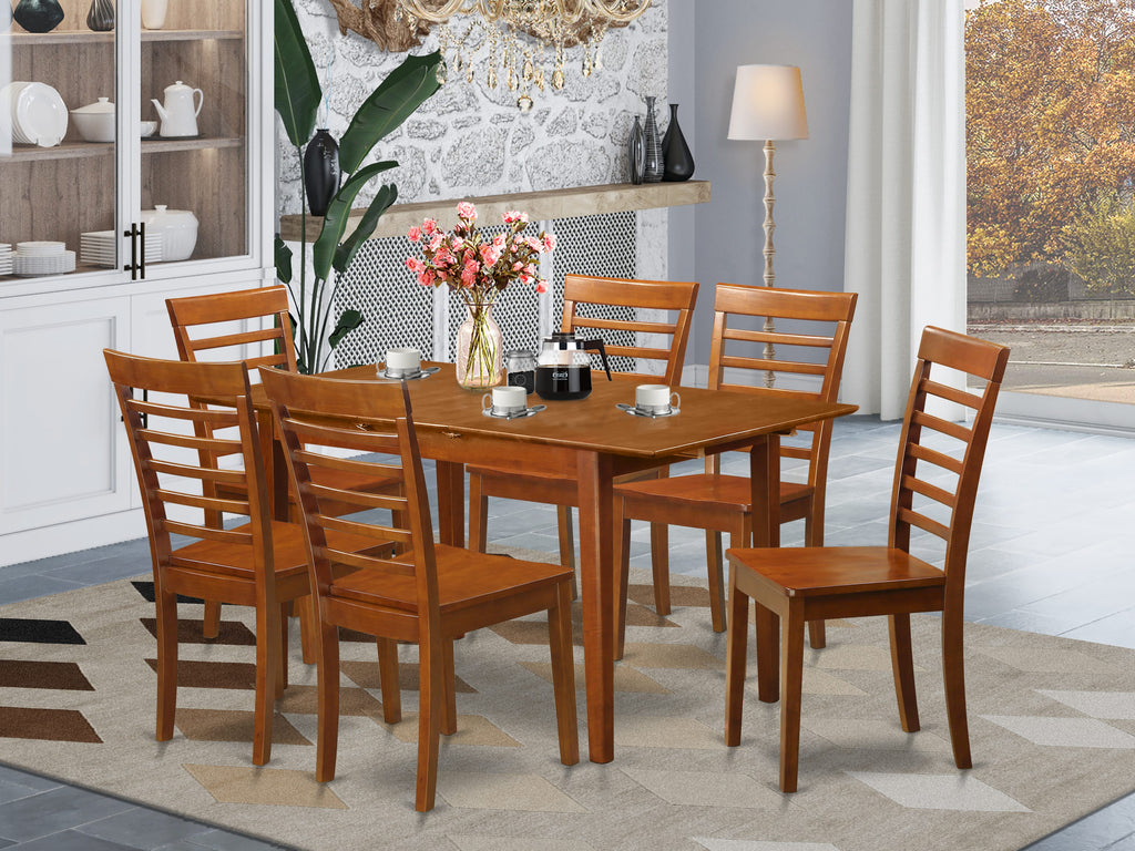 PSML7-W5Z-Y 7 Piece Saddle Brown Dining Set Modern Rectangular Table & 6 Wood Seat Chairs, 32x60