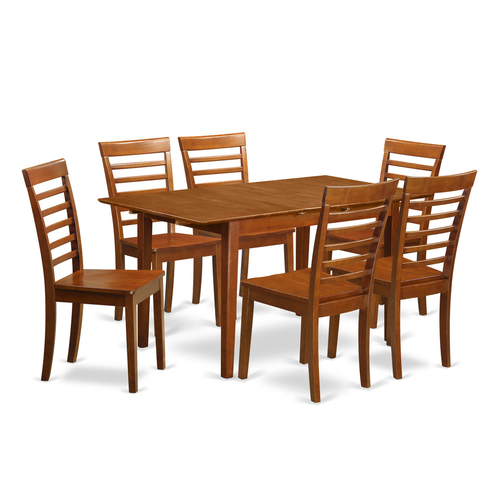 PSML7-W5Z-Y 7 Piece Saddle Brown Dining Set Modern Rectangular Table & 6 Wood Seat Chairs, 32x60