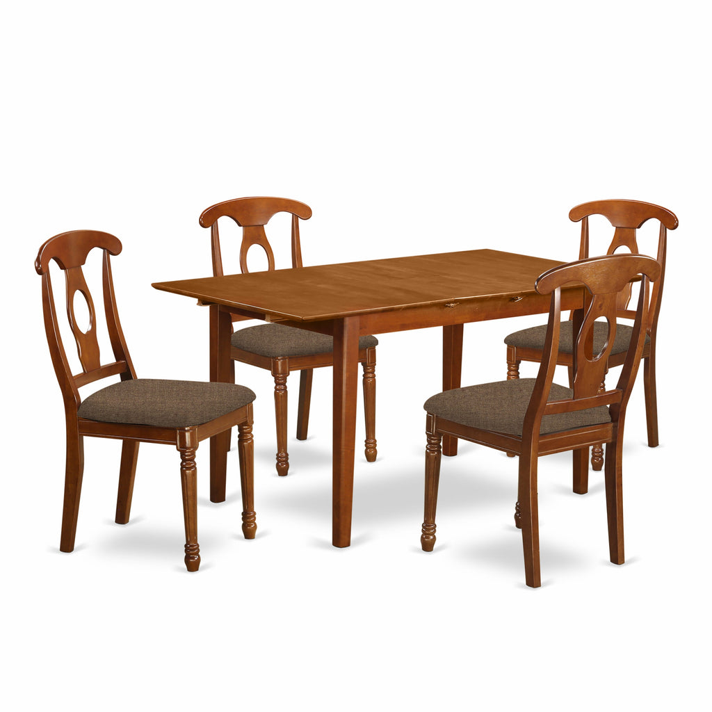 PSNA5-C57-X 5 Piece Dining Ensemble for 4 with Stylish Rectangular Table and Cozy Linen Chairs in Saddle Brown, 32x60 Inch