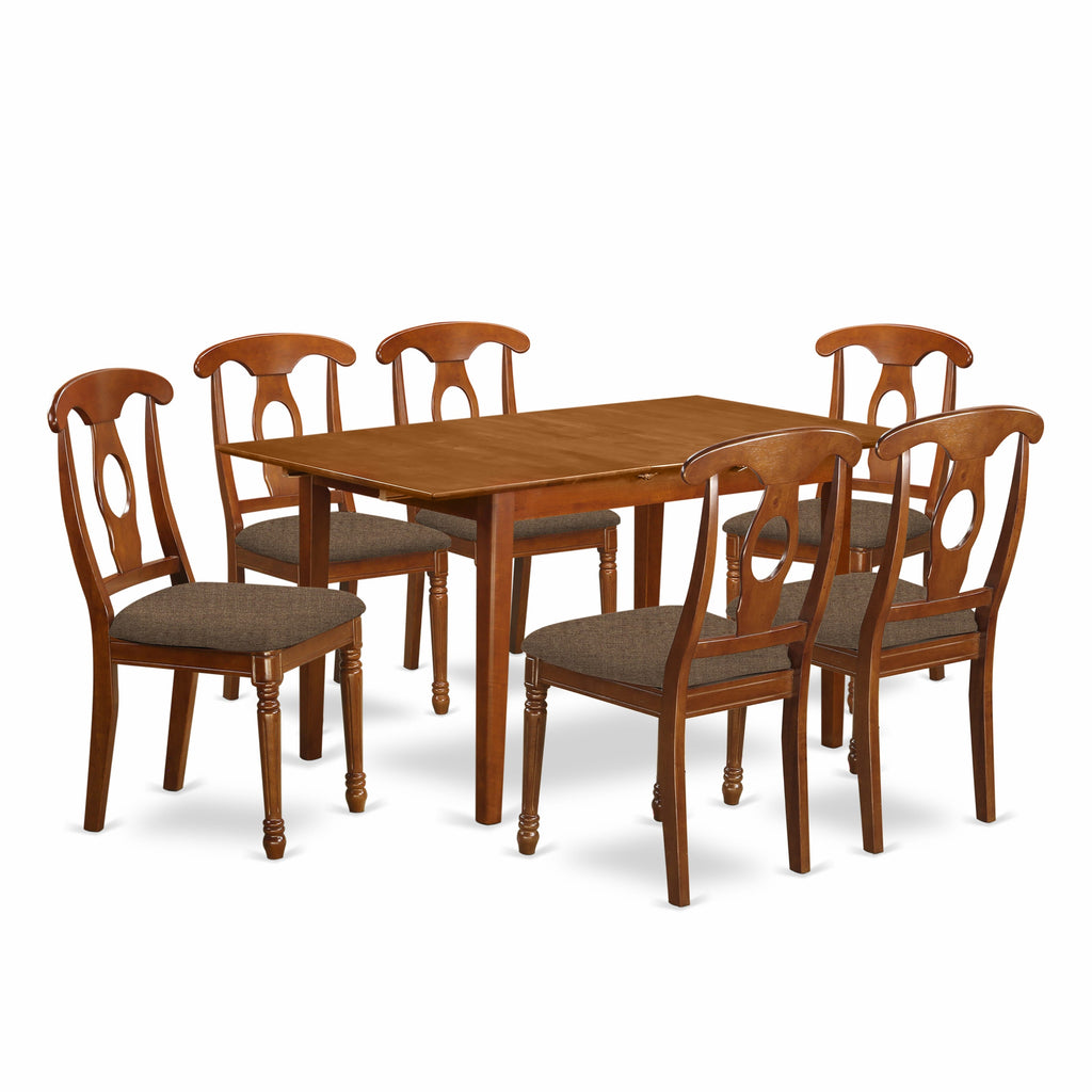 PSNA7-FFS-1 - 7-Piece Dining Set Extendable Table & Upholstered Chairs 32x60 - Warm Brown Finish