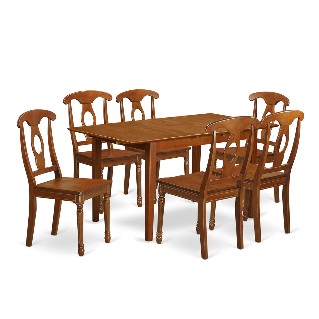 PSNA7-JDB-E Deluxe 7-Piece Rectangle Dining Set with Extendable Table & 6 Chair Ensemble, 32x60 Saddle Finish