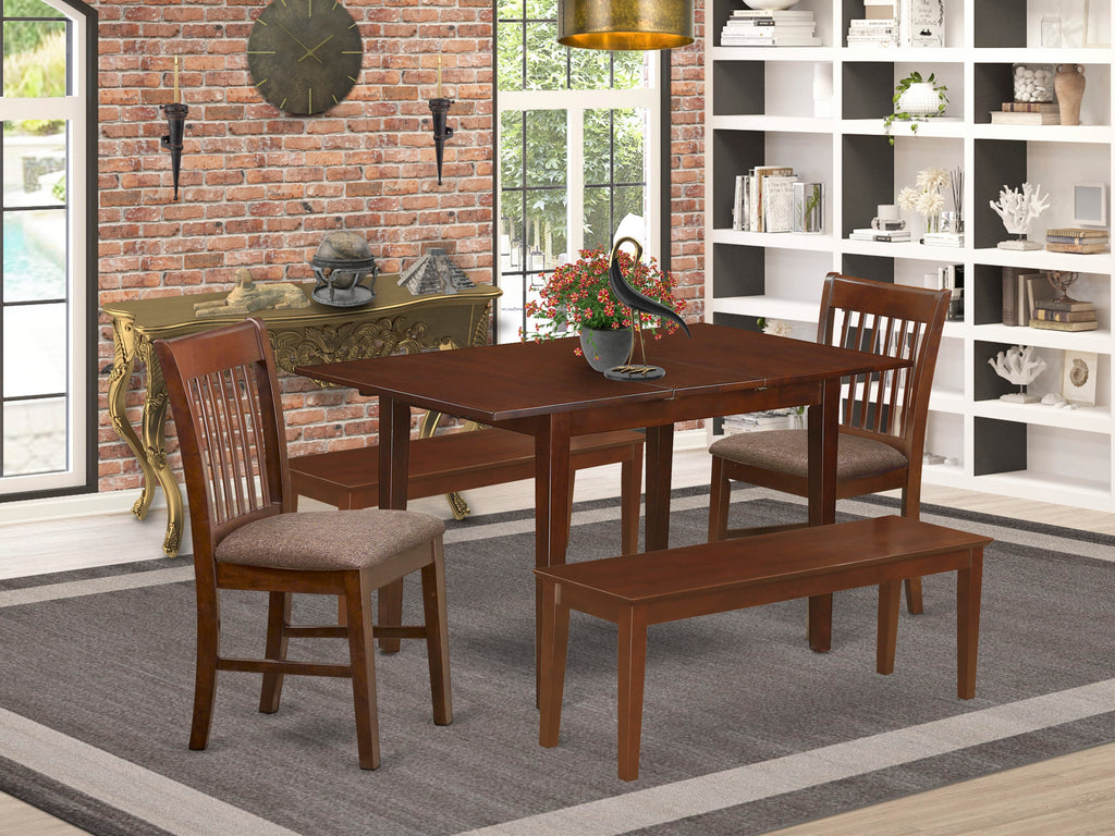 PSNO5X-OW6-3 Elegant Mahogany Rectangle Dining Set for 6 with Extendable Table, Linen Chairs & Benches