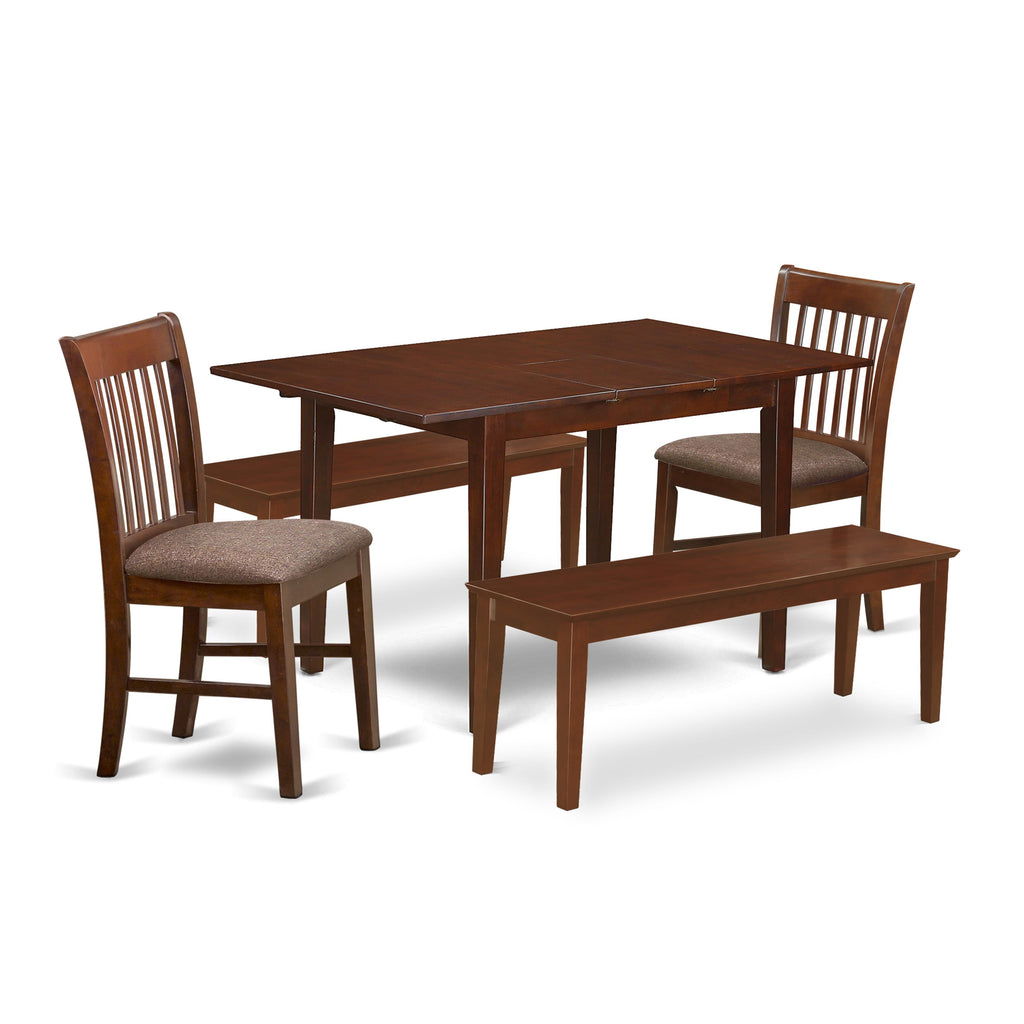 PSNO5X-OW6-3 Elegant Mahogany Rectangle Dining Set for 6 with Extendable Table, Linen Chairs & Benches