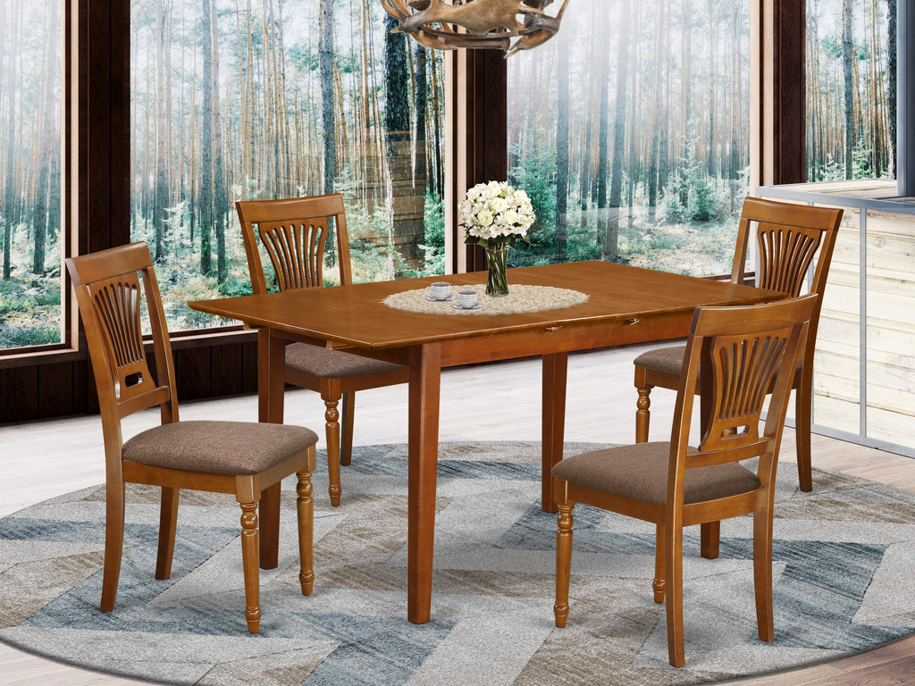 PSPL5-LBJ-W 5-Piece Kitchen Dining Set Rectangle Table with Leaf and 4 Upholstered Chairs, Saddle Brown 32x60 Inch