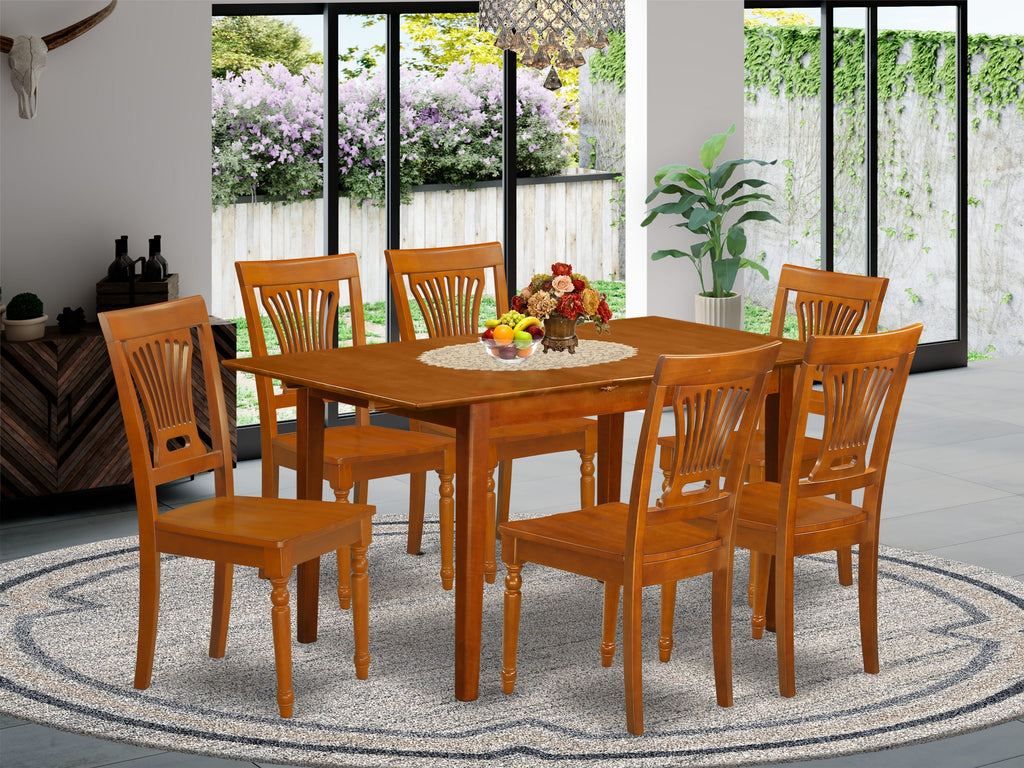 PSPL7-TTU-1 7-Piece Dining Set with Rectangle Table, Butterfly Leaf & 6 Wood Chairs, Saddle Brown