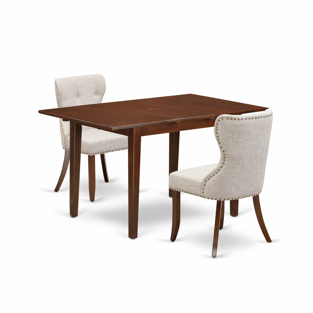 PSSI3-GXA-09 3-Piece Kitchen Dining Collection Rectangular Table with Butterfly Extension and Upholstered Chair Set in Mahogany Finish
