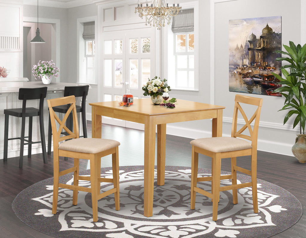 PUBS3-SBH-H 3-Piece Counter Set for Tight Areas with Compact Table & 2 Upholstered Chairs, 36x36 Oak Finish