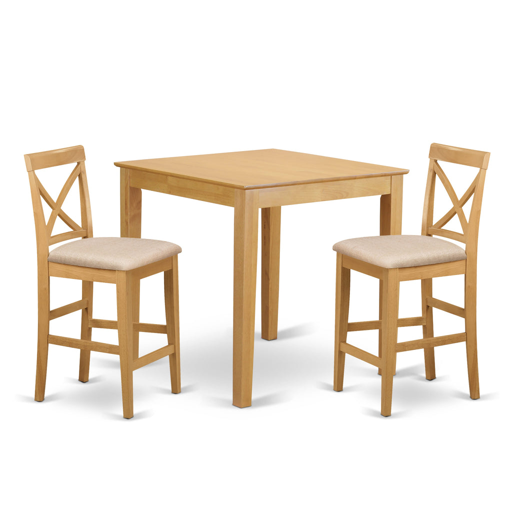 PUBS3-SBH-H 3-Piece Counter Set for Tight Areas with Compact Table & 2 Upholstered Chairs, 36x36 Oak Finish