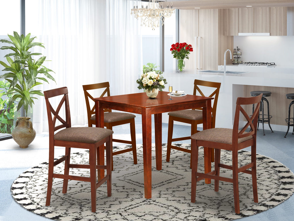 PUBS5-2O3-Y Compact 5-Piece Square Elevated Dining Ensemble with Linen Seats - Rich Wood Tone Finish, 36x36in