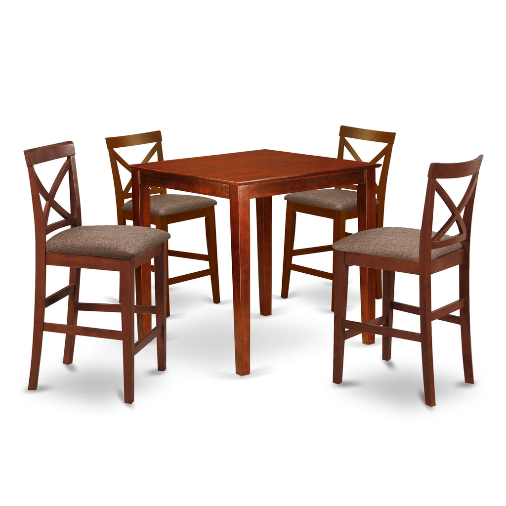 PUBS5-2O3-Y Compact 5-Piece Square Elevated Dining Ensemble with Linen Seats - Rich Wood Tone Finish, 36x36in