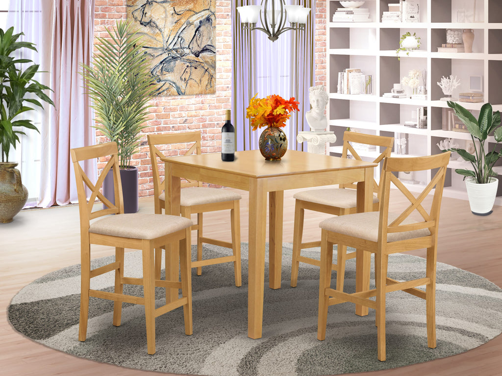 Counter Bar Dining Set PUBS5-CZL-Q with Square Table and Linen Chairs, Classic Wood Finish