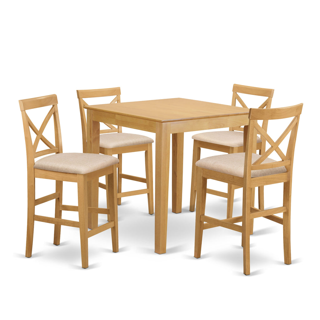 Counter Bar Dining Set PUBS5-CZL-Q with Square Table and Linen Chairs, Classic Wood Finish